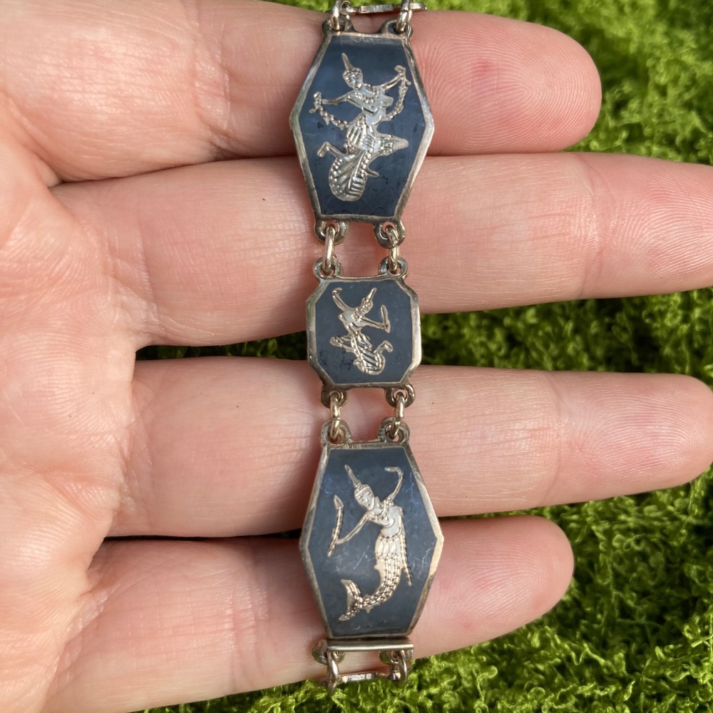 Siam Sterling Vintage Panel Scene Bracelet, Thai, Mekkala Goddess